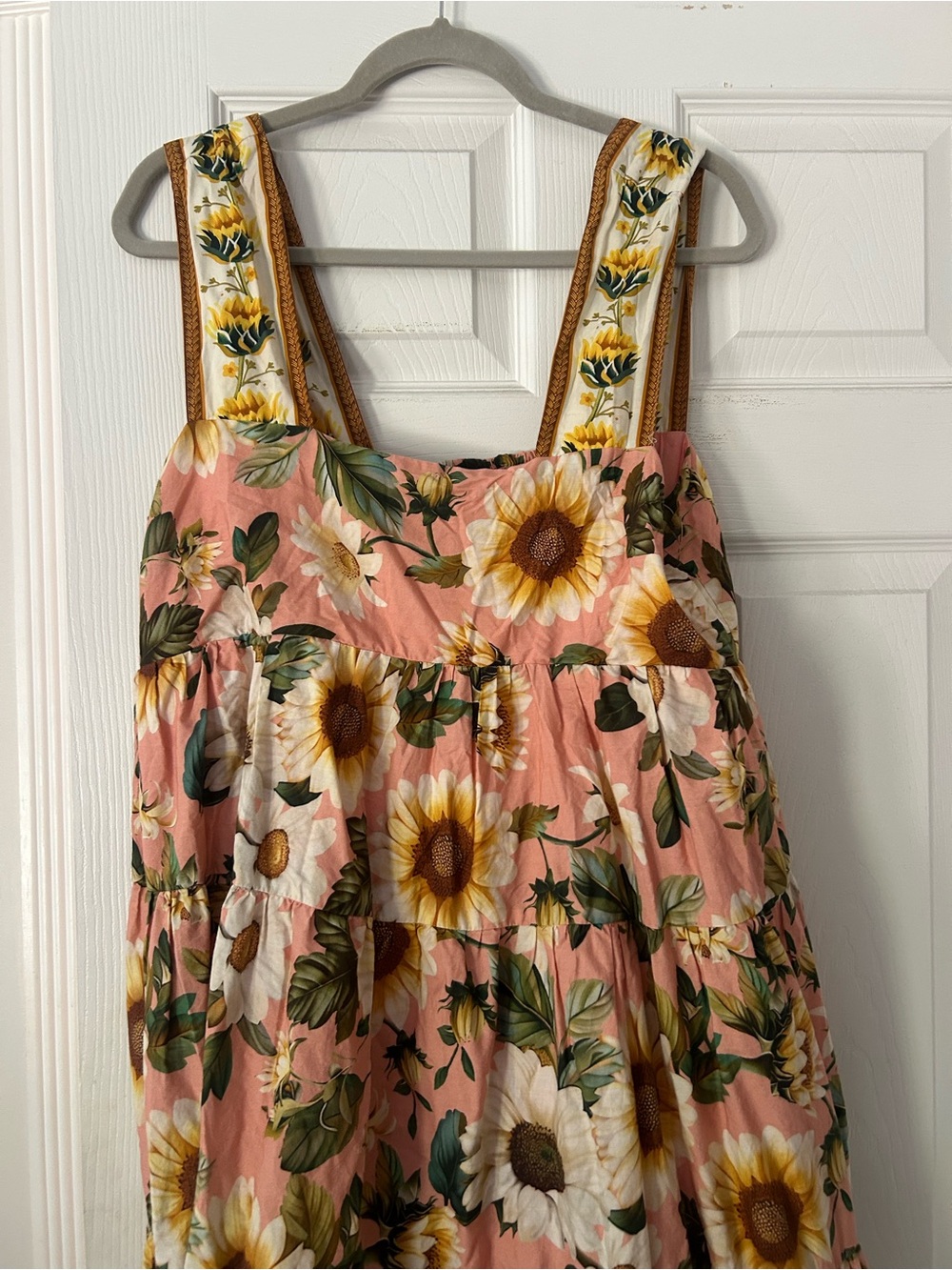 Anthropologie Helena Square Neck Pink Sunflower Tiered Midi Dress - Picture 2 of 5